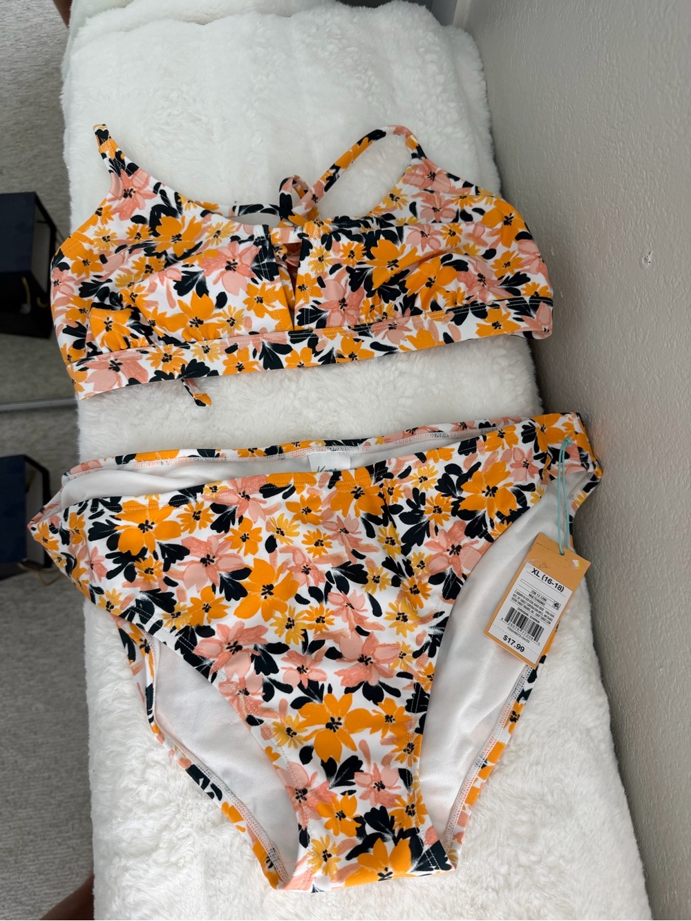 Kona Sol Yellow Orange Floral Bikini Set Mismatched Size Top L, Bottom XL